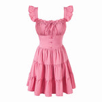 Vintage Square Collar Flying Sleeve Pink Dress Summer Elegant Beautiful Waist Tight Dress