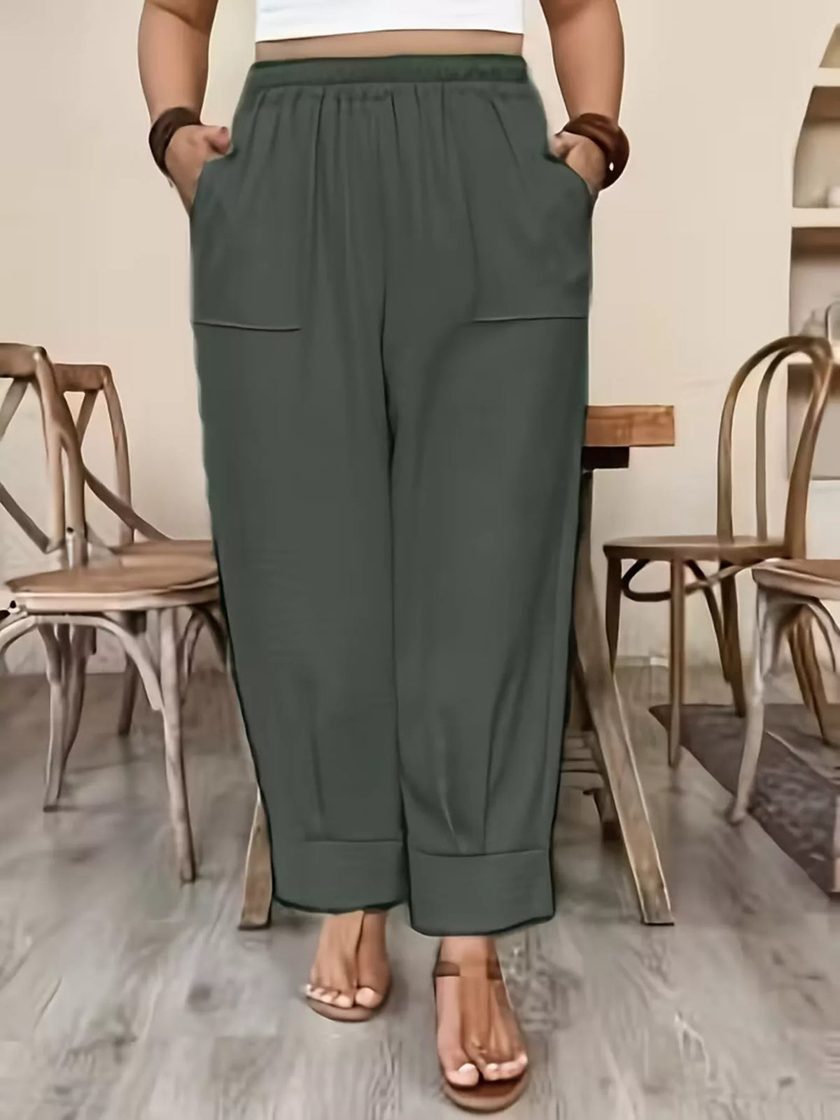Plus Size High-Waisted Elastic Waist Pants with Pockets