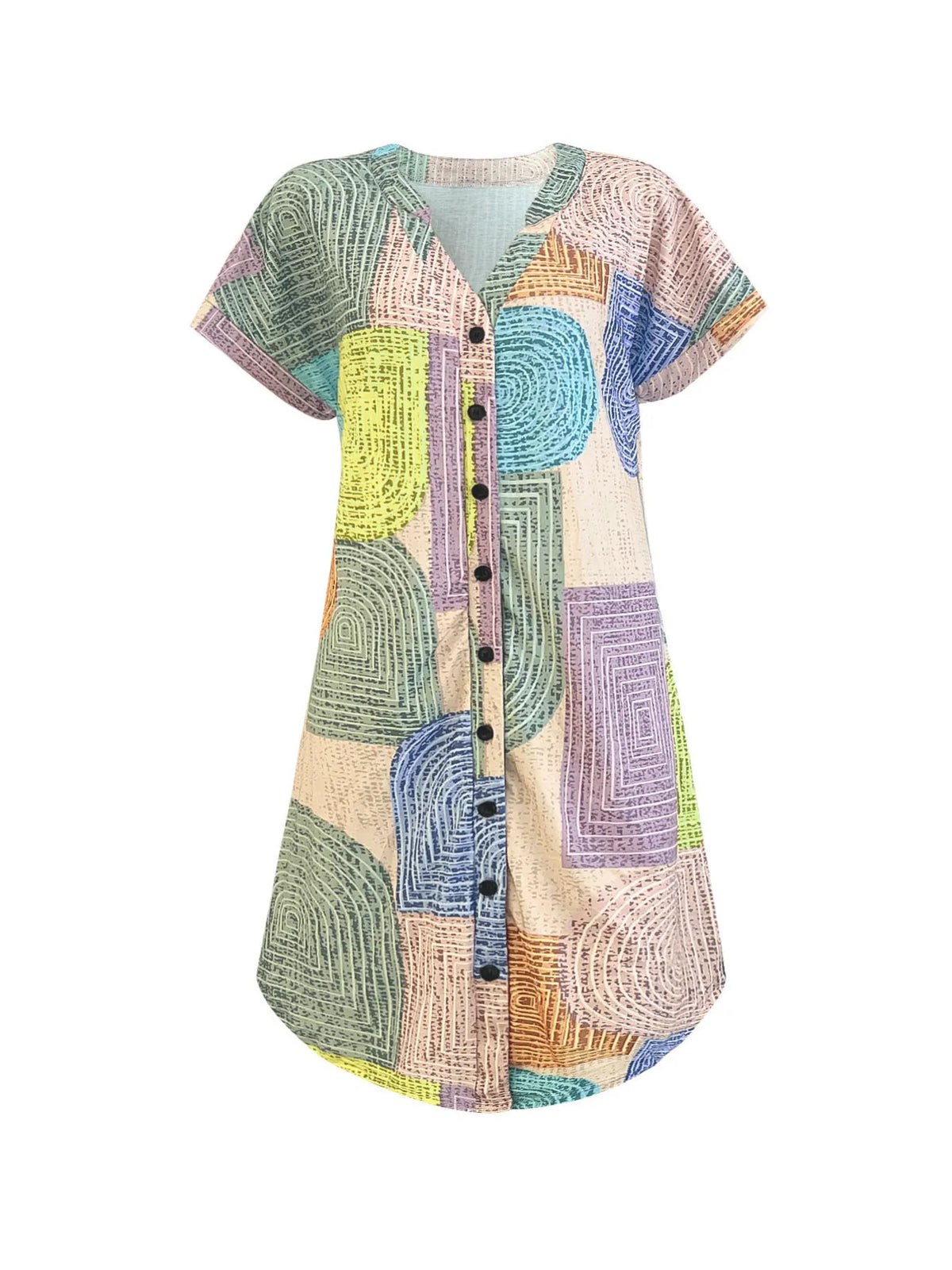 Geometric V-Neck Short Sleeve Button-Front Dress