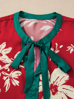 Contrast Tied Neck Shirred Puff Sleeve Flower Blouse