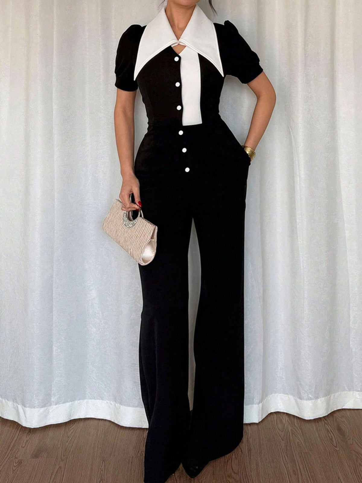 Contrast Button-Down Wide Leg Jumpsuit
