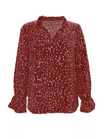 Ruffled Printed Tie Neck Long Sleeve Blouse