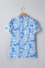 Floral Print Scalloped Trim V Neck Short Sleeve Blouse