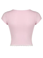Lace Detail Sweetheart Neck Short Sleeve T-Shirt