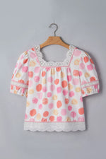 Polka Dot Lace Trim Square Neck Puff Sleeve Blouse