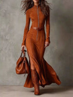 Full Size Slit Zip Front Long Sleeve Dress Plus Size