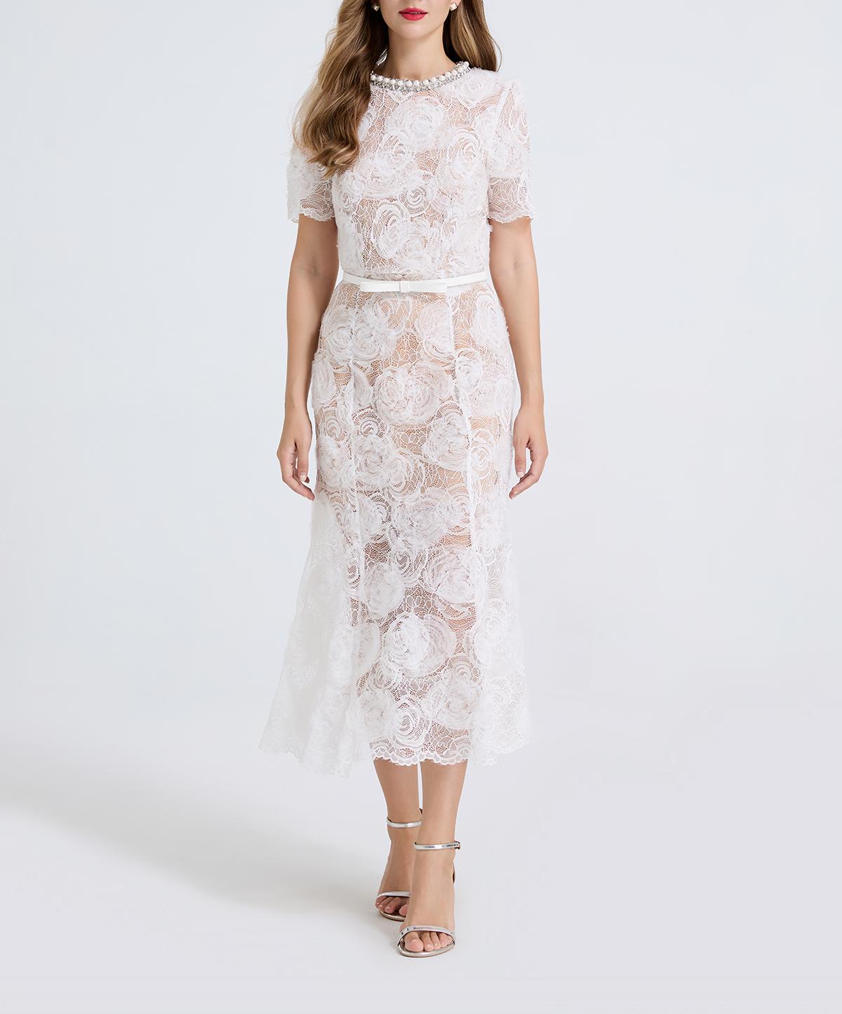 Women Sheer Lace Beaded Rhinestone Studded Fitted Fishtail Dress