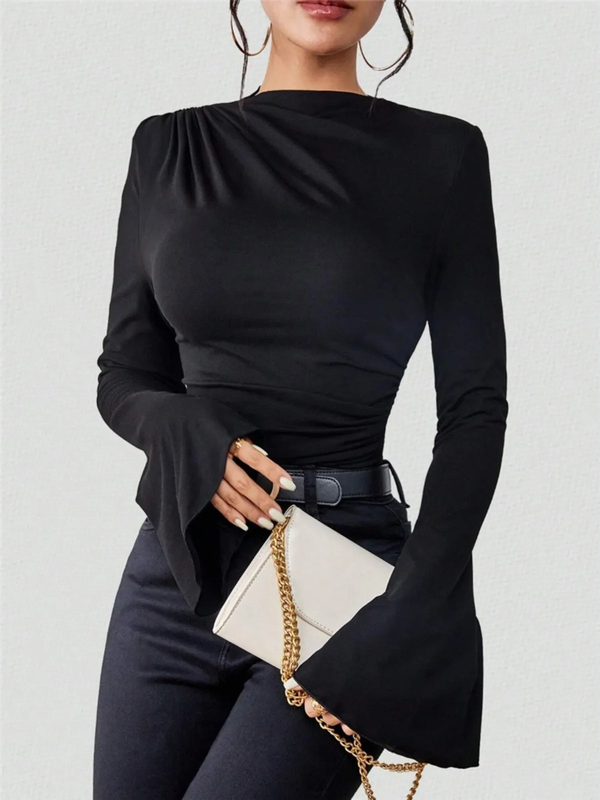 Bell Sleeve Ruched Fitted T-Shirt with Mock Neck