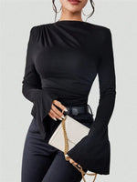 Bell Sleeve Ruched Fitted T-Shirt with Mock Neck