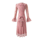 Ruffled Collar Lace up Retro Plaid Slim Fit Long Sleeve Dress