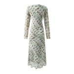 Sexy Vneck Bow Lace Printing Long Sleeve Dress Autumn Waist Slim Fit Maxi Dress