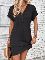 Summer Women Clothing All Match Buckle V neck Shoulder Roll Sleeve Solid Color Dress