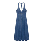 Women Clothing Autumn Halter V Neck Denim Dress
