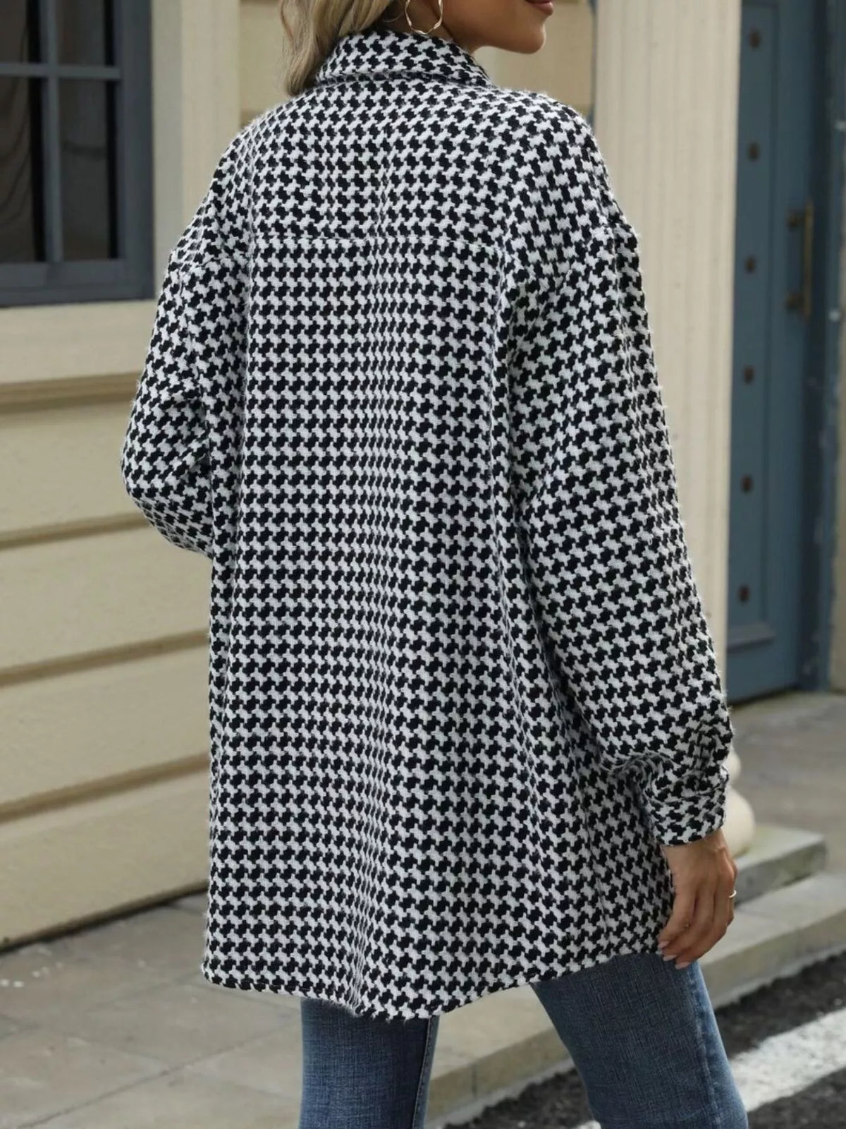 Houndstooth Button Up Long Sleeve Coat