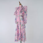 Women Spring Autumn Printed Belt Stand Up Collar Long Sleeved Dress