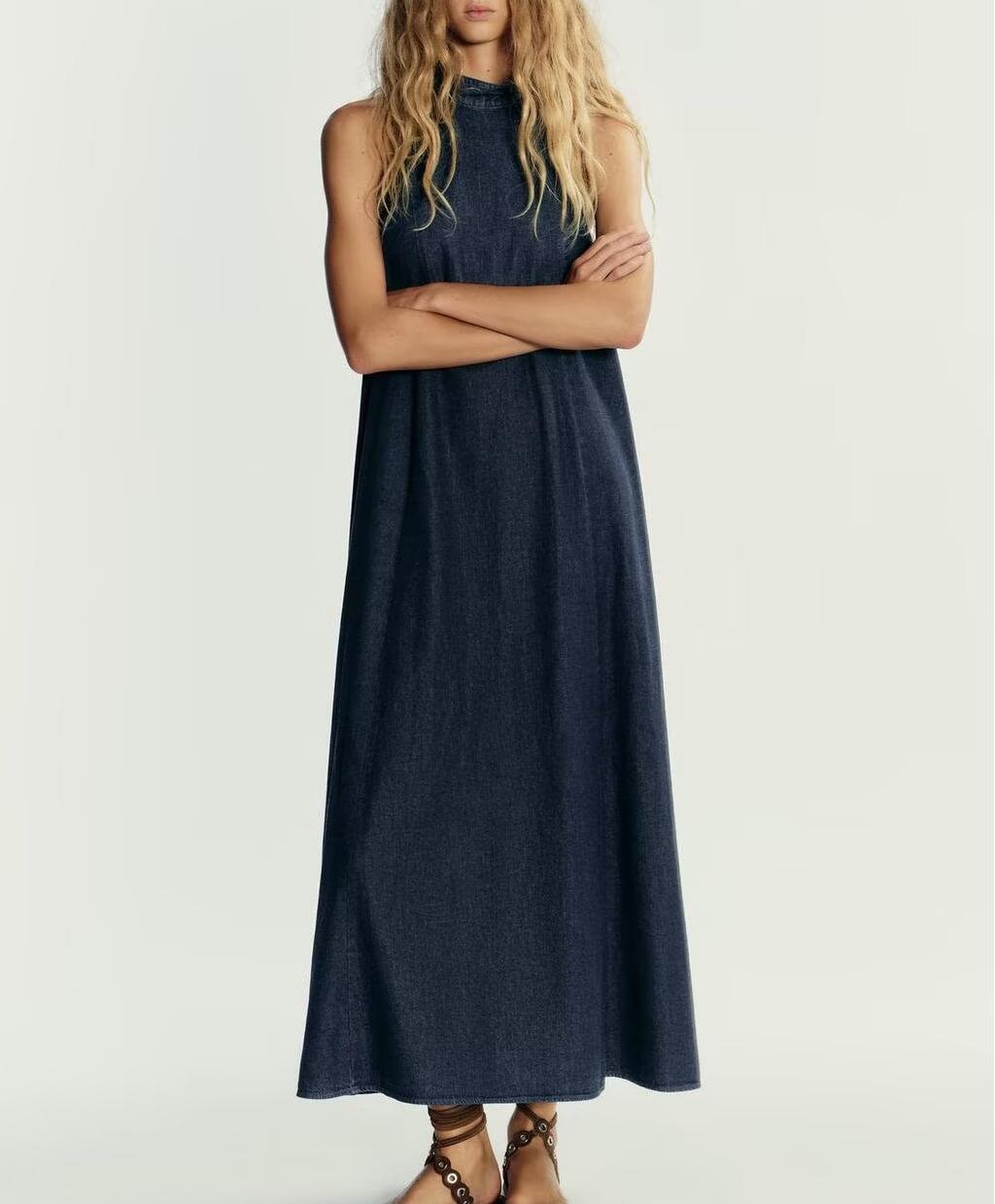 Autumn Casual Women Clothing Hanging Collar Denim Dress