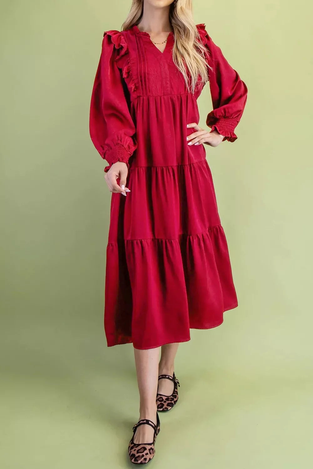Solid Color Ruffle Trim Long Sleeve Tiered Shift Midi Dress