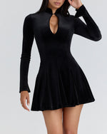 Women Clothing Velvet Stand up Collar Slim Fit A line Black Dress Minimalist Long Sleeve Comfortable Mini Dress