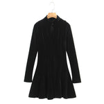 Women Clothing Velvet Stand up Collar Slim Fit A line Black Dress Minimalist Long Sleeve Comfortable Mini Dress