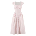 Women Pink Plaid Square Collar Short Sleeve Dress Autumn Tight Waist Slim Single Breasted Maxi Dress