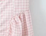 Women Pink Plaid Square Collar Short Sleeve Dress Autumn Tight Waist Slim Single Breasted Maxi Dress