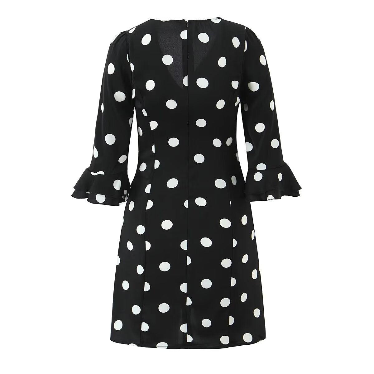 French Retro Dots Dress Women Holiday V neck Slim-Fit Flared Sleeves Slimming A line Dress