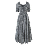 French Retro Minority Design High Waist Color Contrast Check Maxi Dress Women Elastic Waist Puff Sleeve Dress