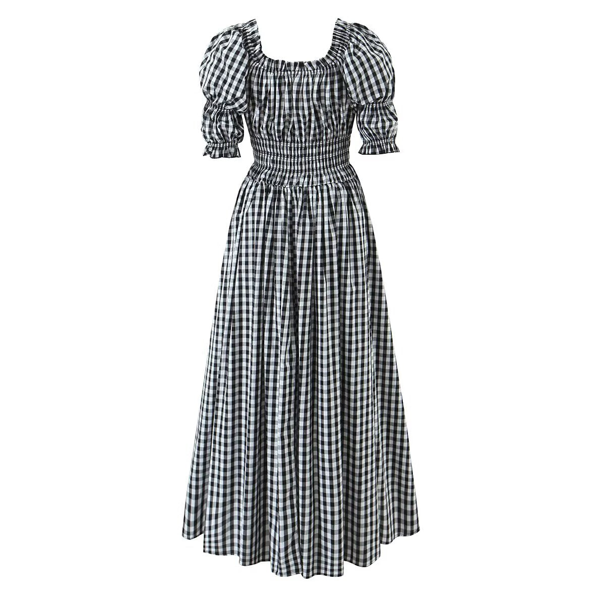 French Retro Minority Design High Waist Color Contrast Check Maxi Dress Women Elastic Waist Puff Sleeve Dress