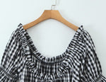 French Retro Minority Design High Waist Color Contrast Check Maxi Dress Women Elastic Waist Puff Sleeve Dress