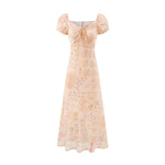 Retro Square Collar Lace up Bubble Sleeve Printed Dress Autumn High Waist Slim Slimming Vacation Maxi Dress