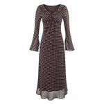 High Grade Polka Dot Printing Collared Lace up Split Cuff Dress Autumn Tight Waist Slim Fit Maxi Dress