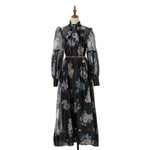 Women Loose Fitting V Neck Lantern Shaped Long Sleeved Wide Skirted Printed Dress