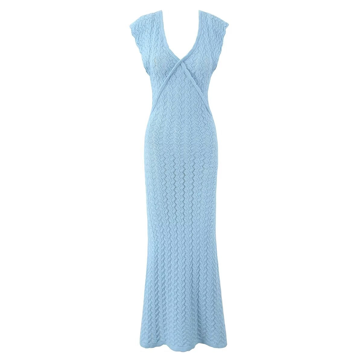 V neck Vintage Crocheted Knitted Dress Slimming Design Waist Tight Elegant Pure French Maxi Dress