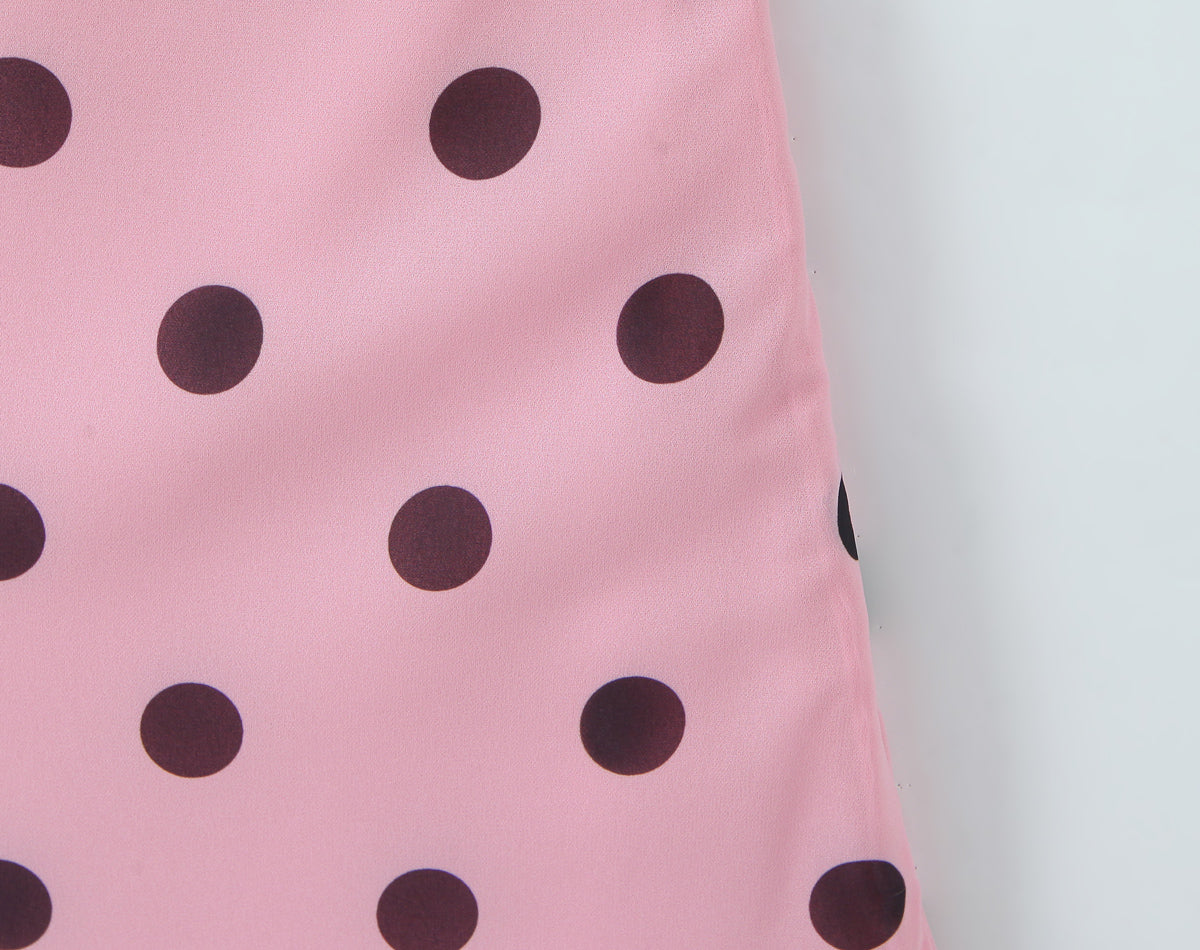 Gentle Elegant Pink Polka Dot Brace Dress Women Vintage Backless Lace up Design Tight Waist Maxi Dress