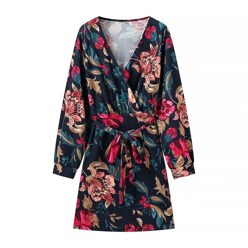 Autumn Winter All Match Printed Dress Deep V Plunge neck Long Sleeve Printed Tape Belt Dress