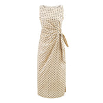 Polka Dot Design Pleated Waist Tight Lace up Side Slit round Neck Sleeveless Dress Women Slim Fit Maxi Dress