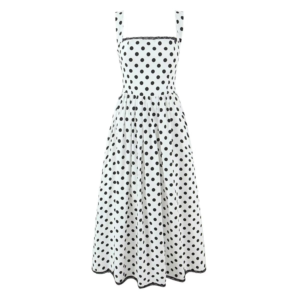 French Retro Dots Printed Lace Trim Holiday Dress Summer Waist Trimming Lace up Slim Fit Holiday Cami Long Dress
