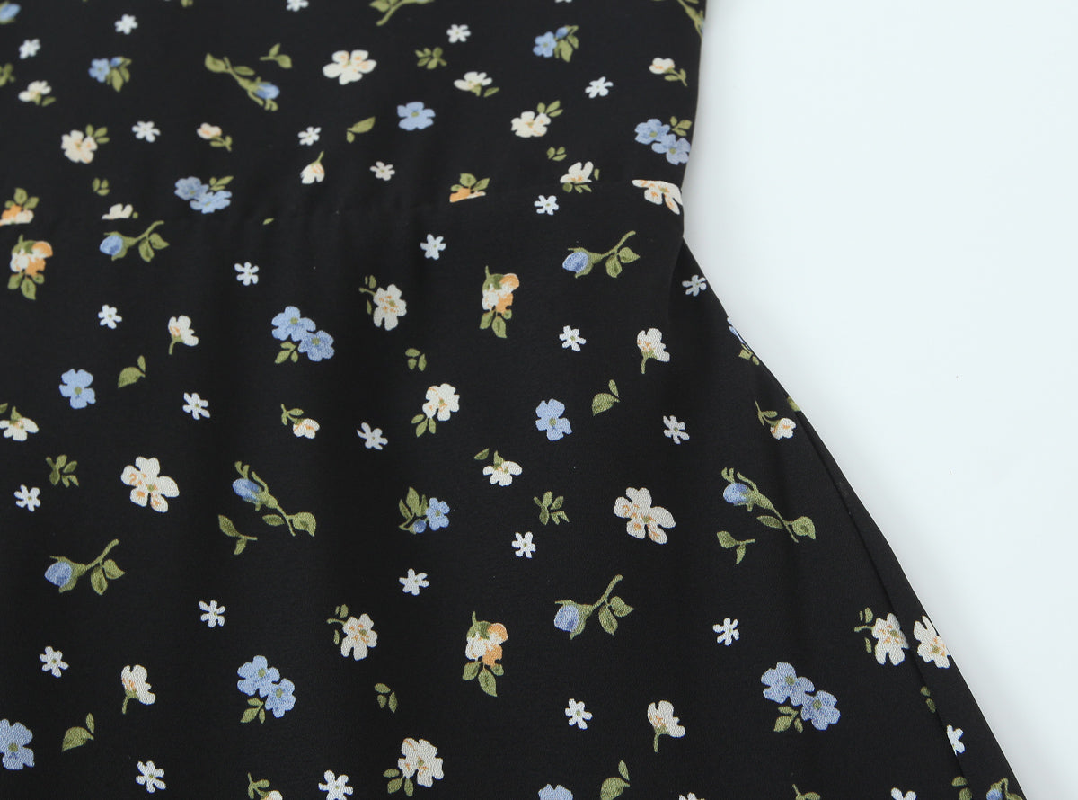 Spring French Floral Printed Waist Controlled Slimming All Matching Long Strap Dress
