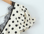 Sexy Lace Deep V Plunge neck Puff Sleeve Polka Dot Dress Tight Waist Slim Fit Sexy Midi Dress for Women