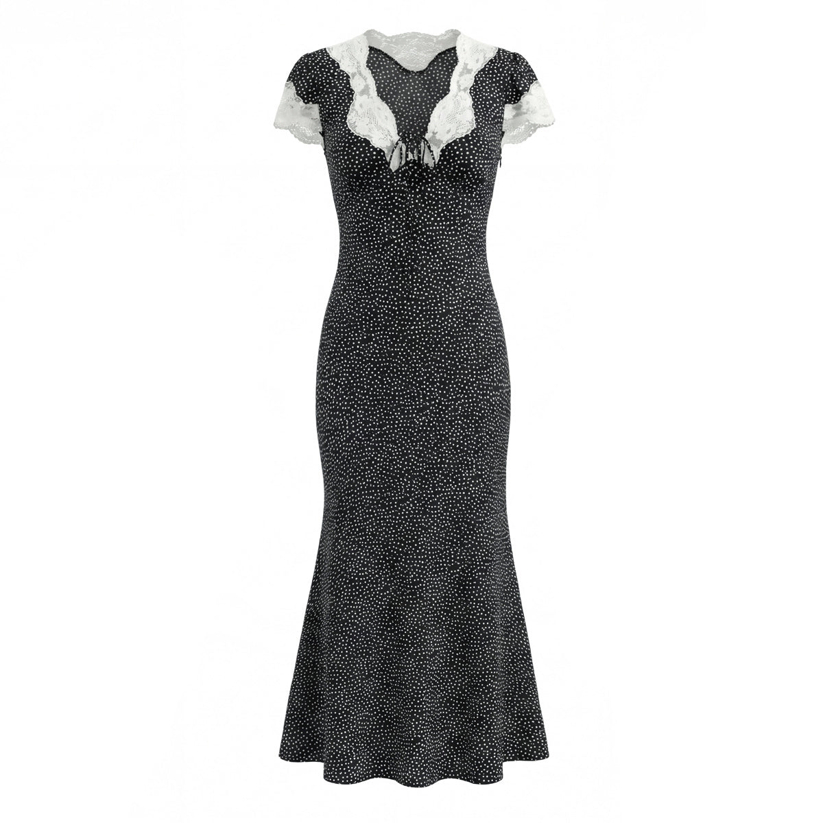French Retro Beautiful Seaside Vacation Maxi Dress Lace Stitching Polka Dot Elegant Graceful Dress