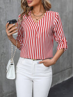 Striped V-Neck Roll-Up Sleeve Blouse