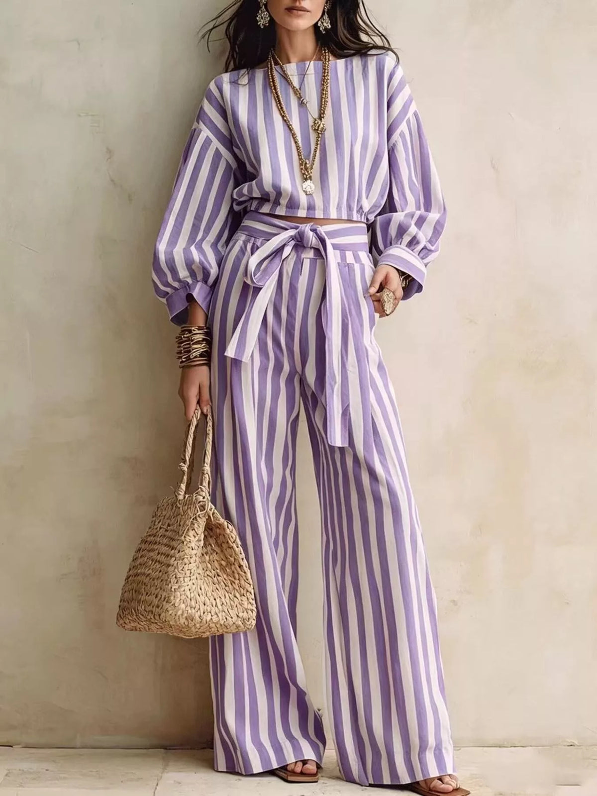 Striped Long Sleeve Top and Pants Two-Piece Set