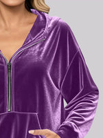 Full Size Velvet Half Zip Hoodie with Kangaroo Pocket Plus Size
