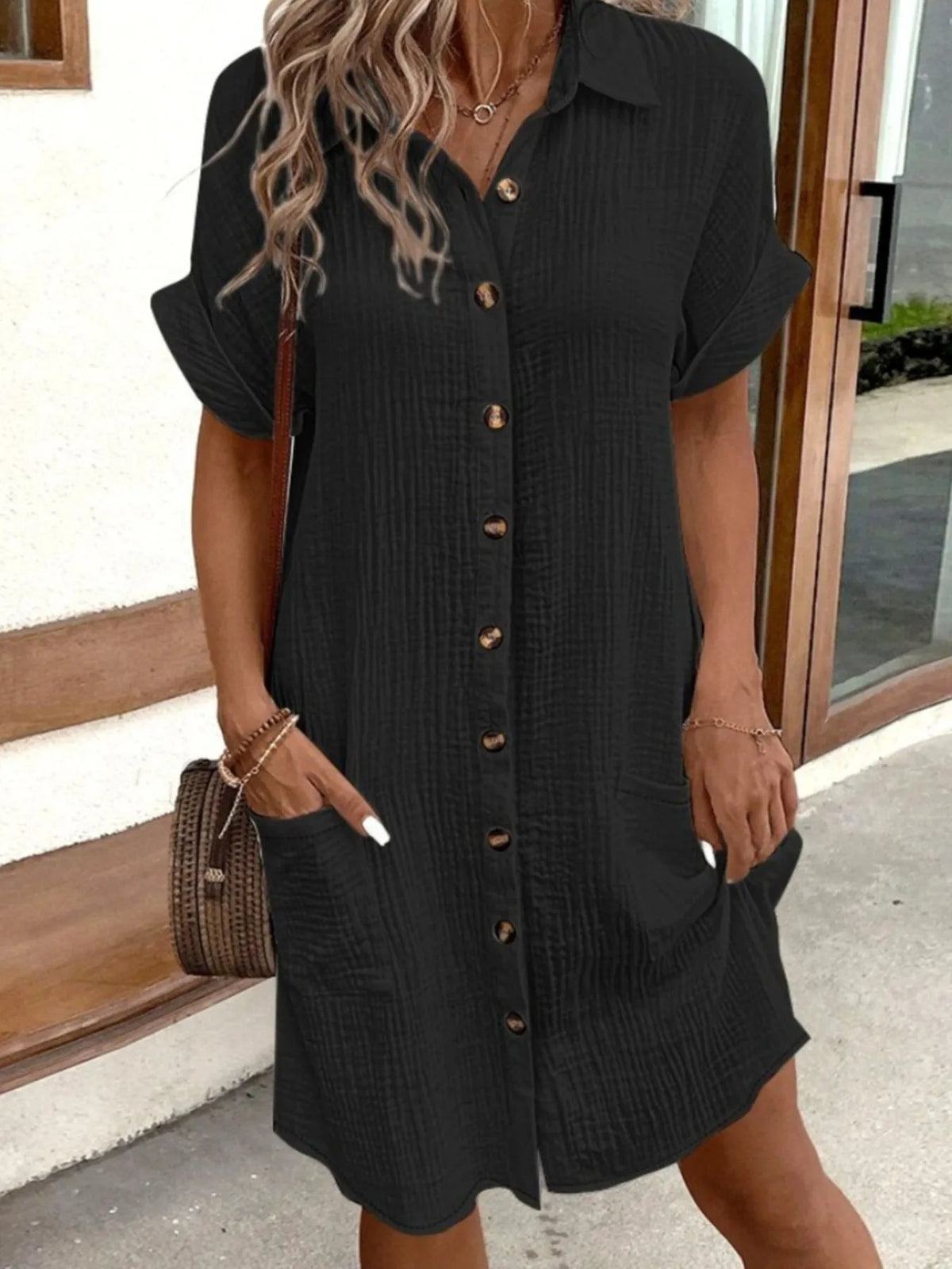 Casual Button Down Shirt Dress with Pockets