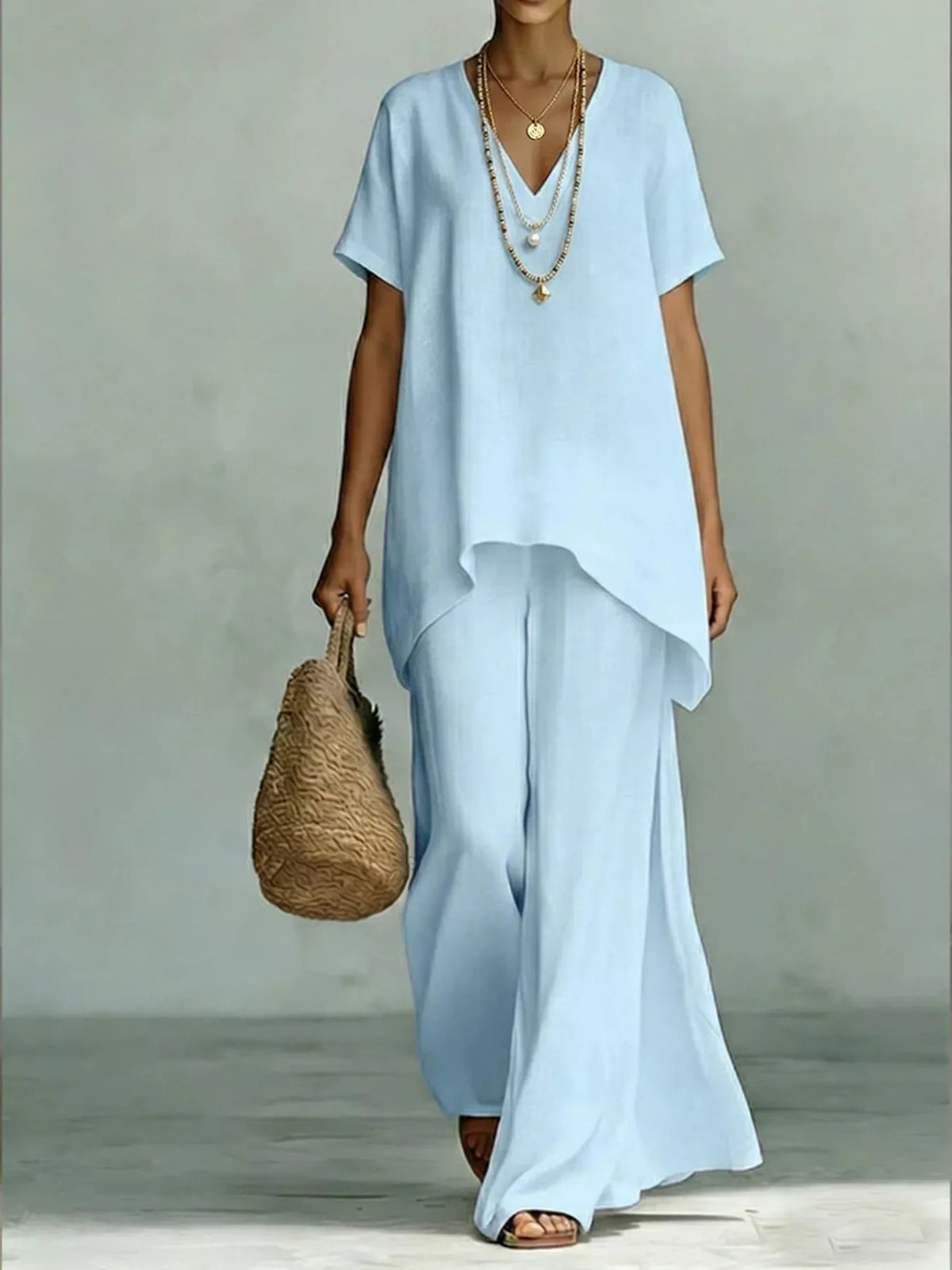 Full Size V-Neck Top and Wide-Leg Pants Set Plus Size