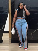 Zip Front Crop Top and Striped Pants Set