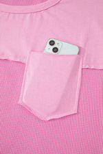 Solid Color Raw Seam Waffled Patchwork Casual T Shirt