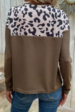 Perfee Leopard Buttoned Round Neck Drop Shoulder Top