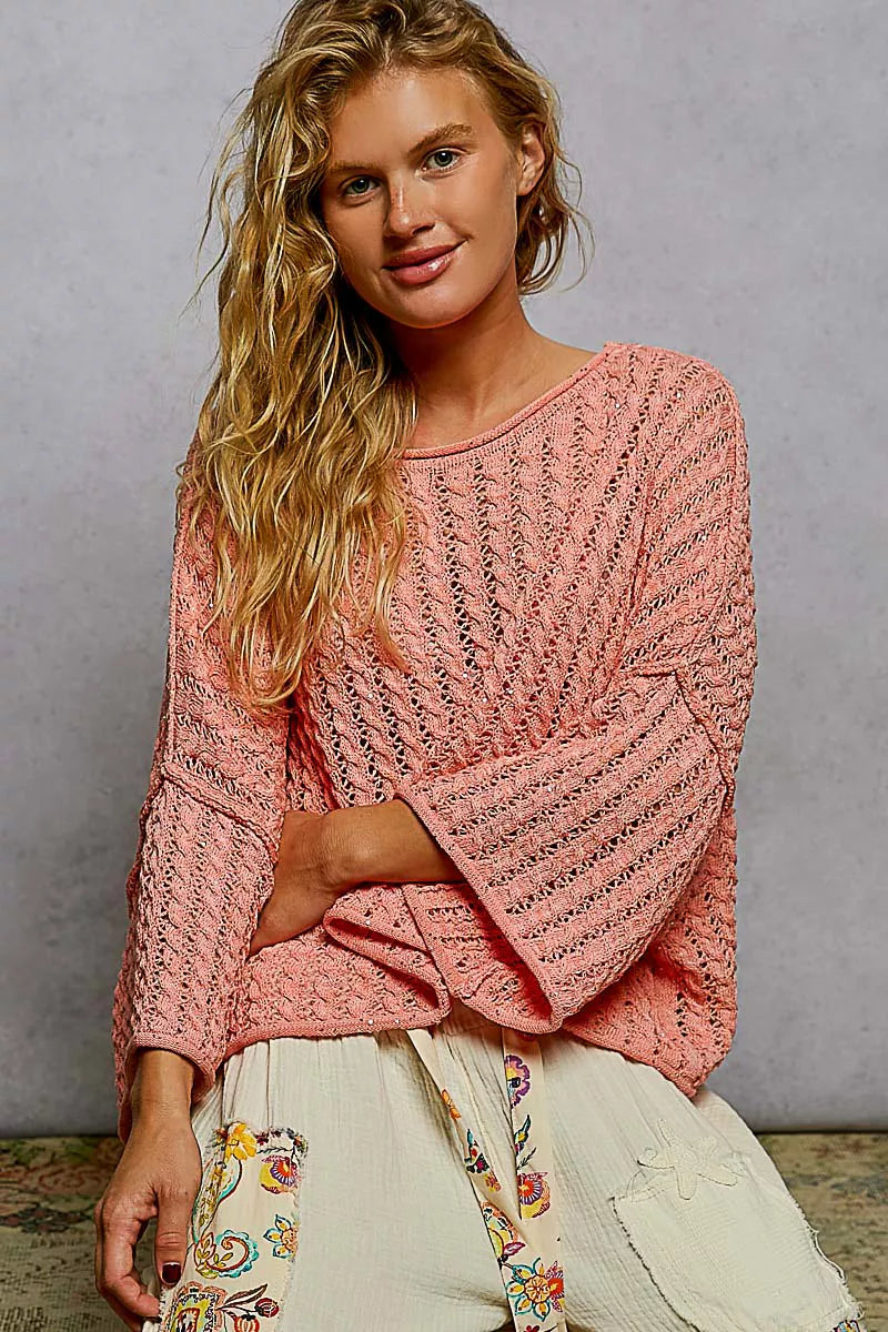 POL Cable-Knit Openwork Round Neck Cropped Sweater