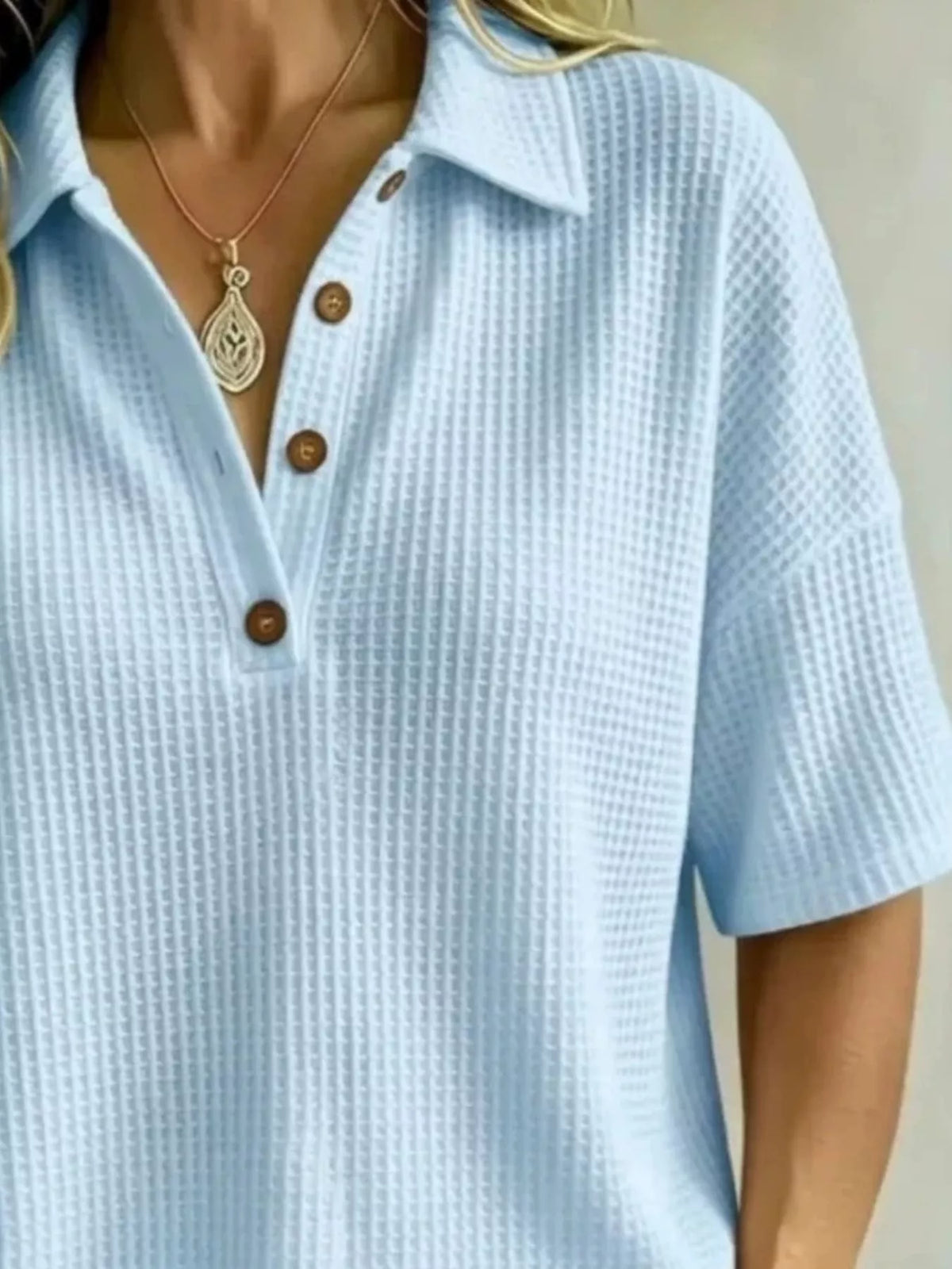 Full Size Waffle Knit Polo Top with Button Detail Plus Size